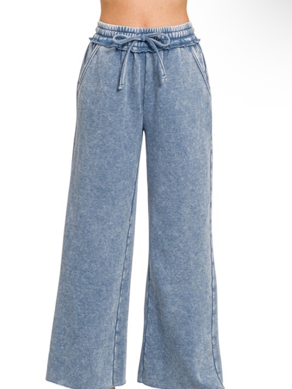 Zenana Dusty Blue Mineral Wash Fleece Set Bomber Jacket and Wide Leg Pants - Picture 3 of 3